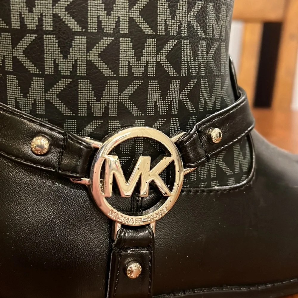 NWT Michael Kors Black MK Logo Tall Riding Boots with Gold Accent